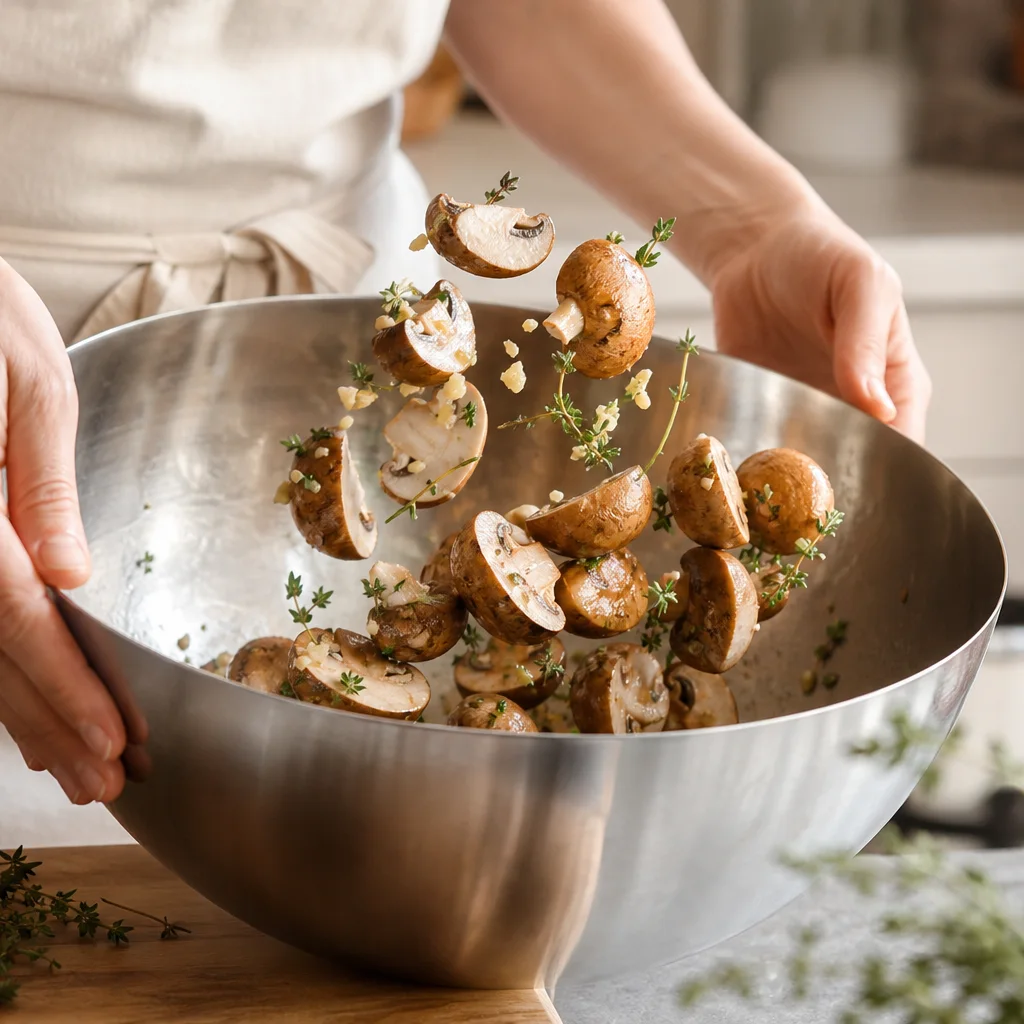 Cremini mushrooms tossed with garlic, olive oil, and thyme in a mixing bowl