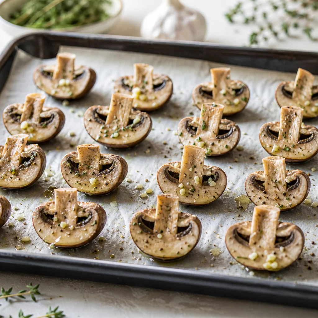 Seasoned mushrooms spread in a single layer on a parchment-lined baking sheet