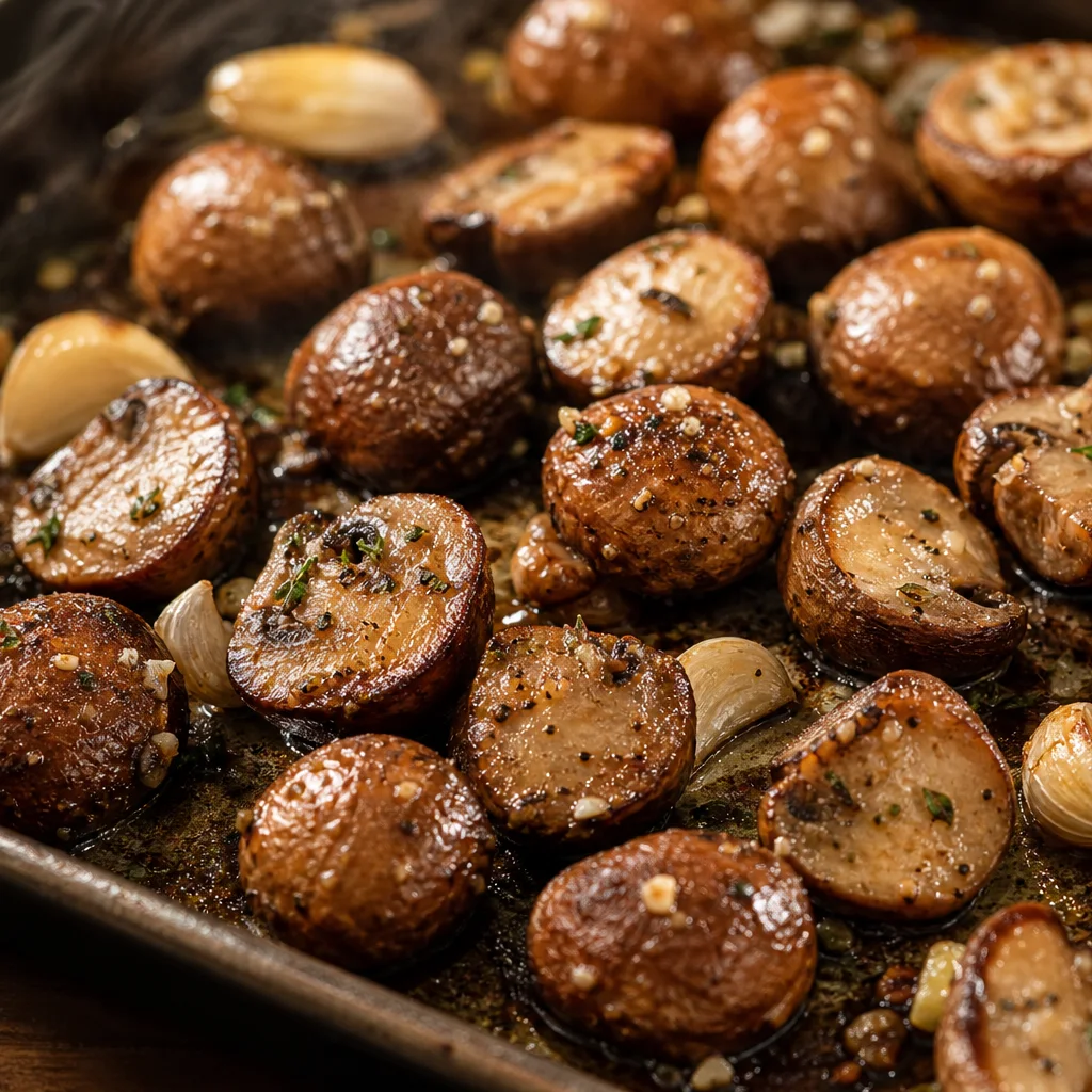 Golden roasted mushrooms with garlic on a hot baking sheet fresh from the oven