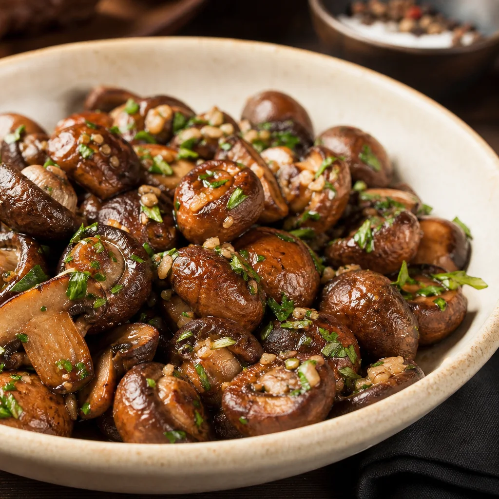 Roasted mushrooms with garlic served in a bowl garnished with parsley