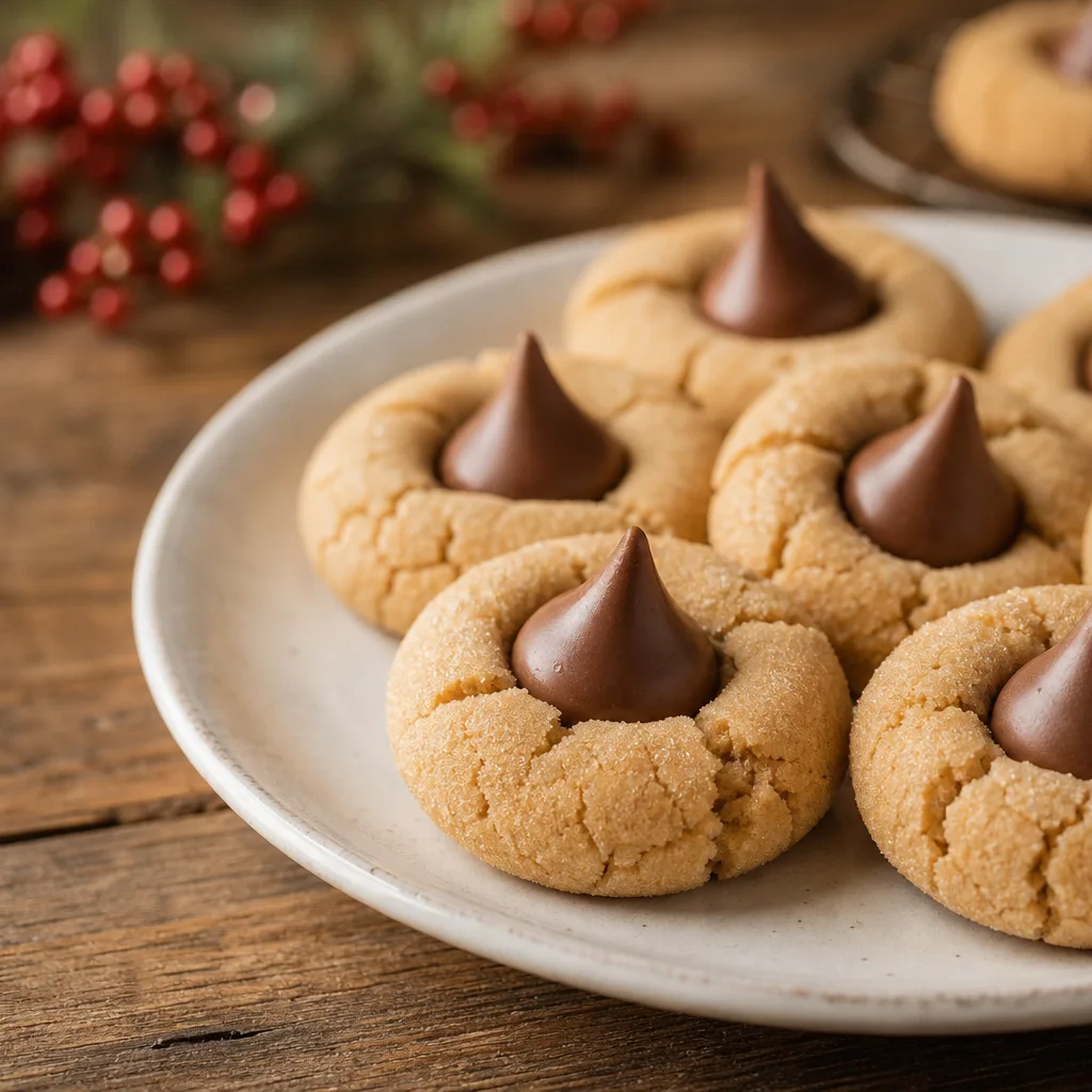 Peanut butter kiss cookies with chocolate Hershey kisses on a white plate