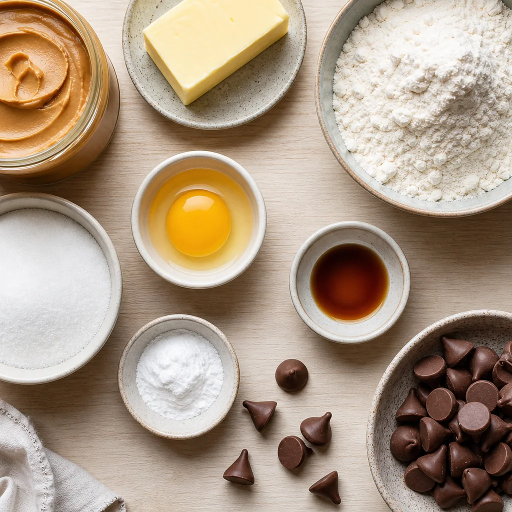 Peanut butter kiss cookie ingredients including peanut butter, butter, flour, sugars, and chocolate kisses