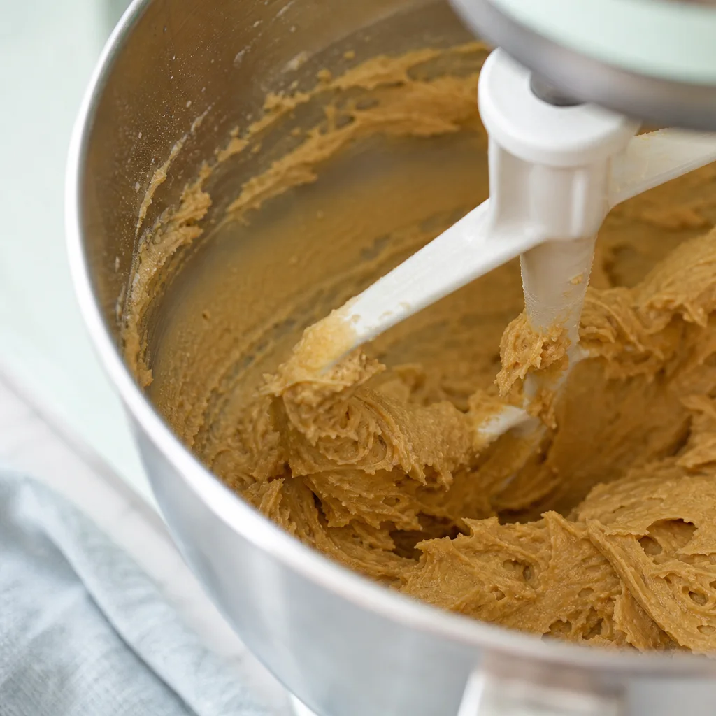 Peanut butter cookie dough being mixed with butter and sugars in a bowl