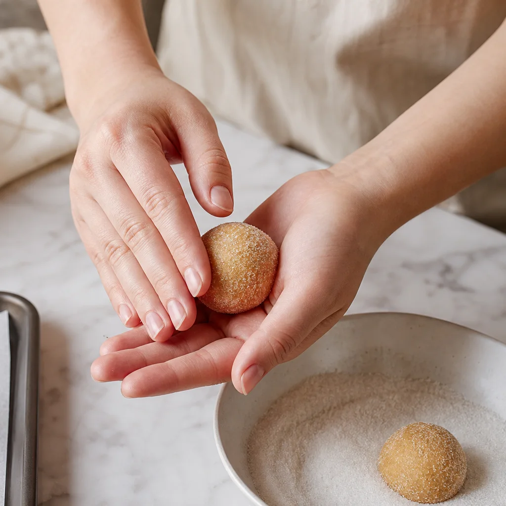 Peanut butter cookie dough balls rolled in granulated sugar