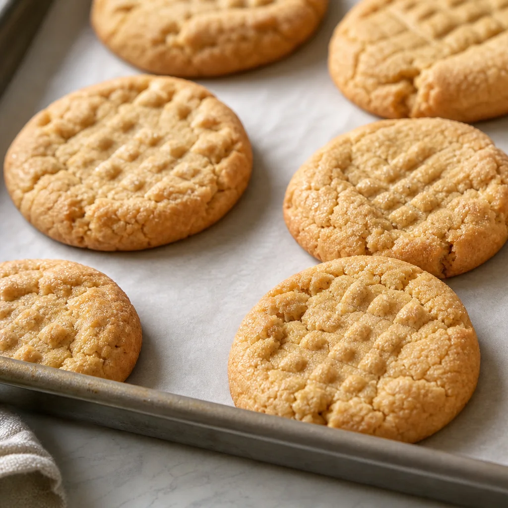 Peanut butter cookies baking on a sheet pan with lightly cracked tops
