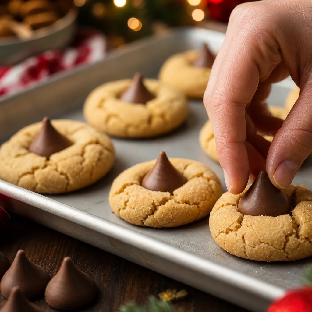 Chocolate kiss being pressed into a warm peanut butter cookie