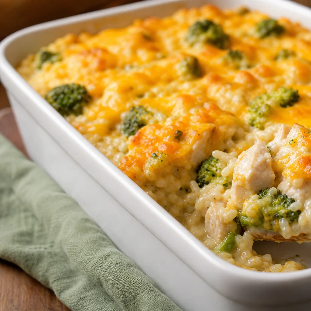 Chicken broccoli rice casserole with melted cheddar cheese in a baking dish