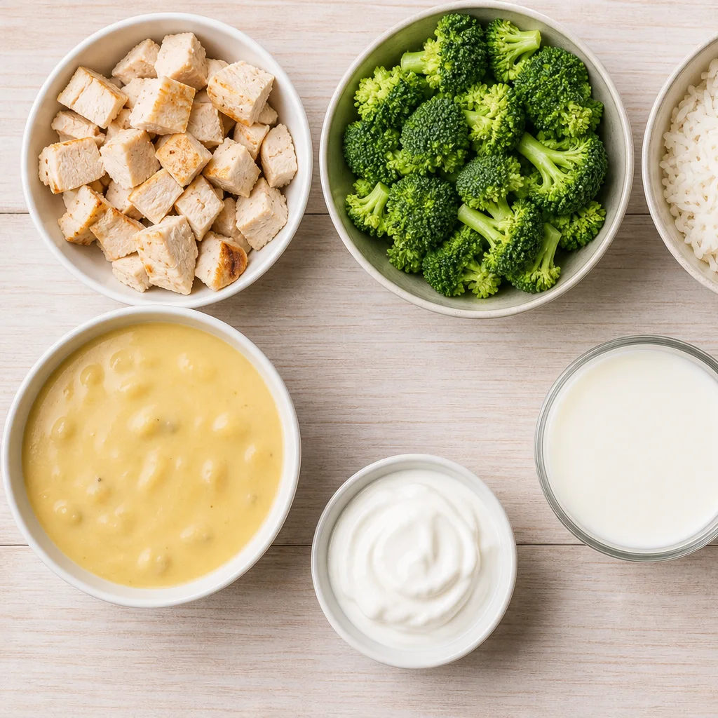 Chicken broccoli rice casserole ingredients including chicken, broccoli, rice, cheddar, and cream soup