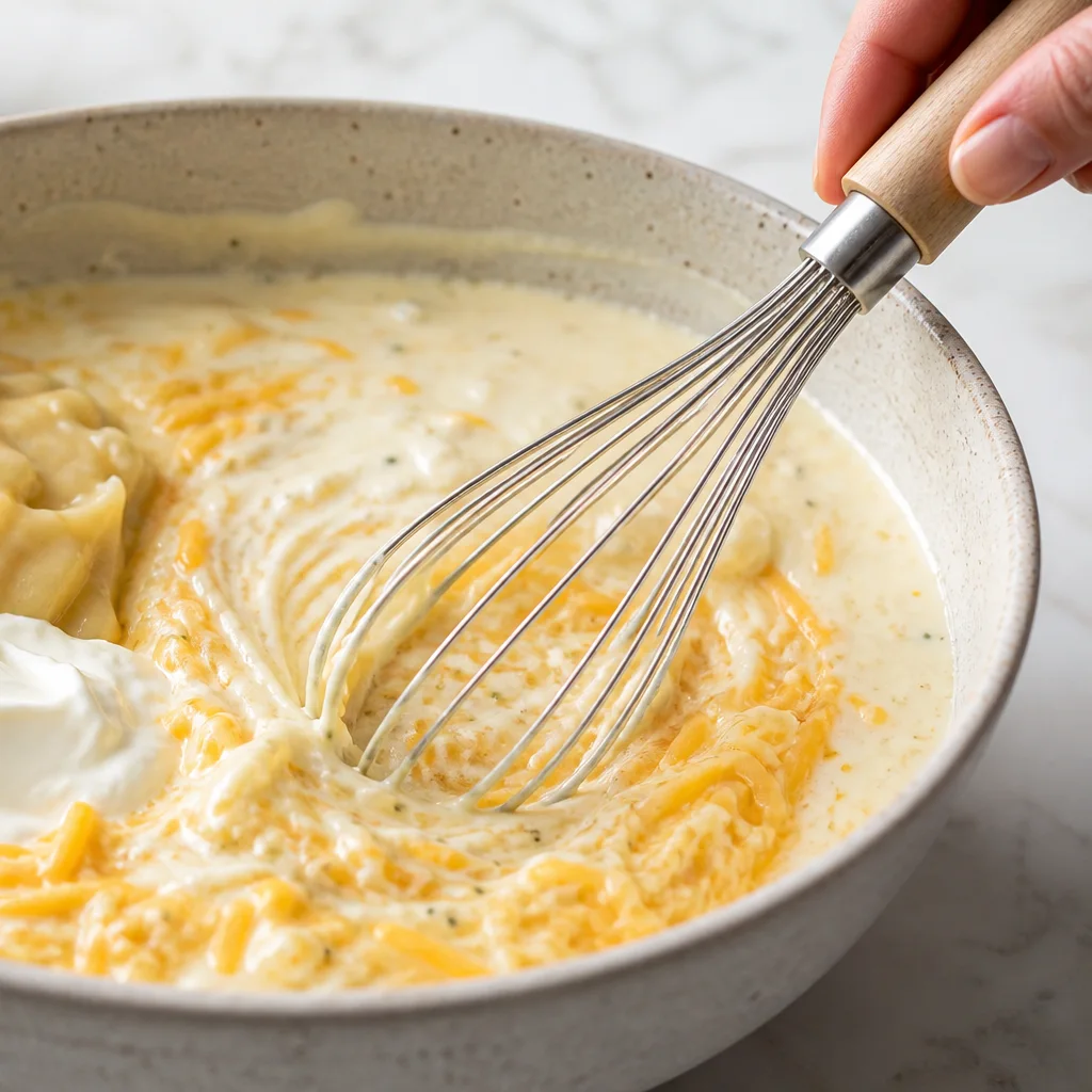 Creamy cheddar sauce for chicken broccoli rice casserole in a mixing bowl