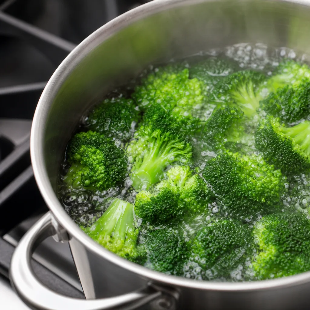 Bright green broccoli florets blanching in boiling water