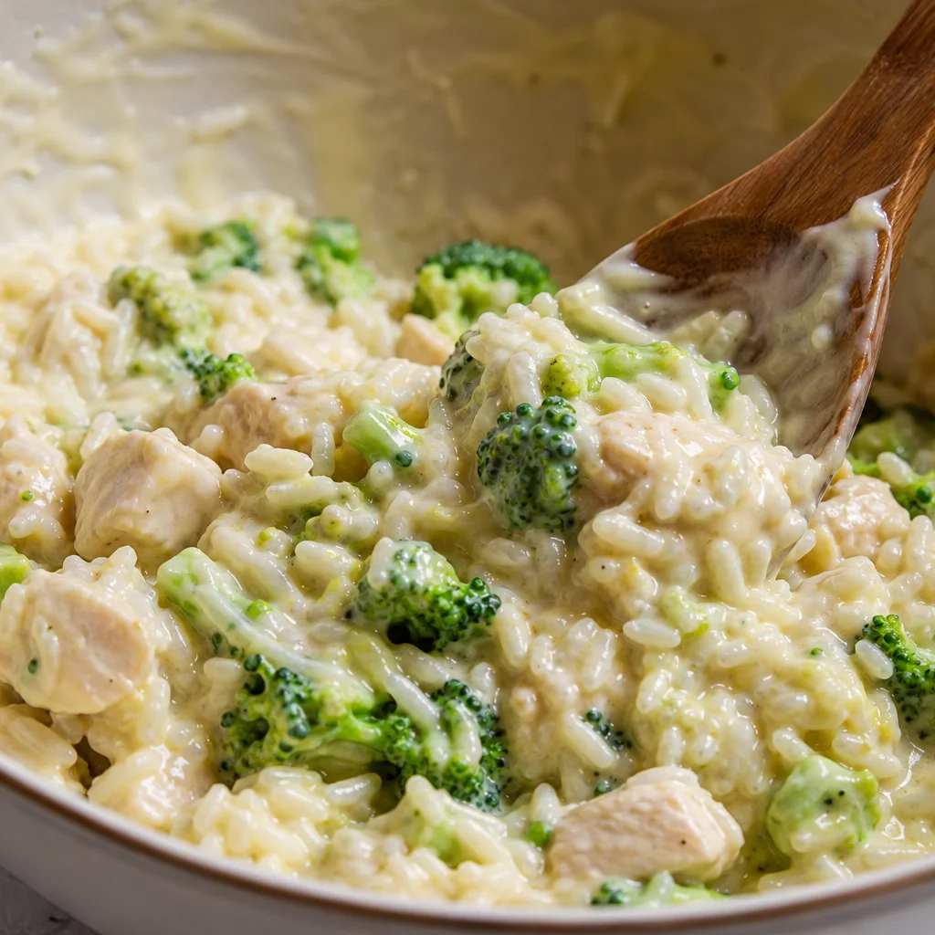 Chicken rice and broccoli folded into creamy cheese sauce