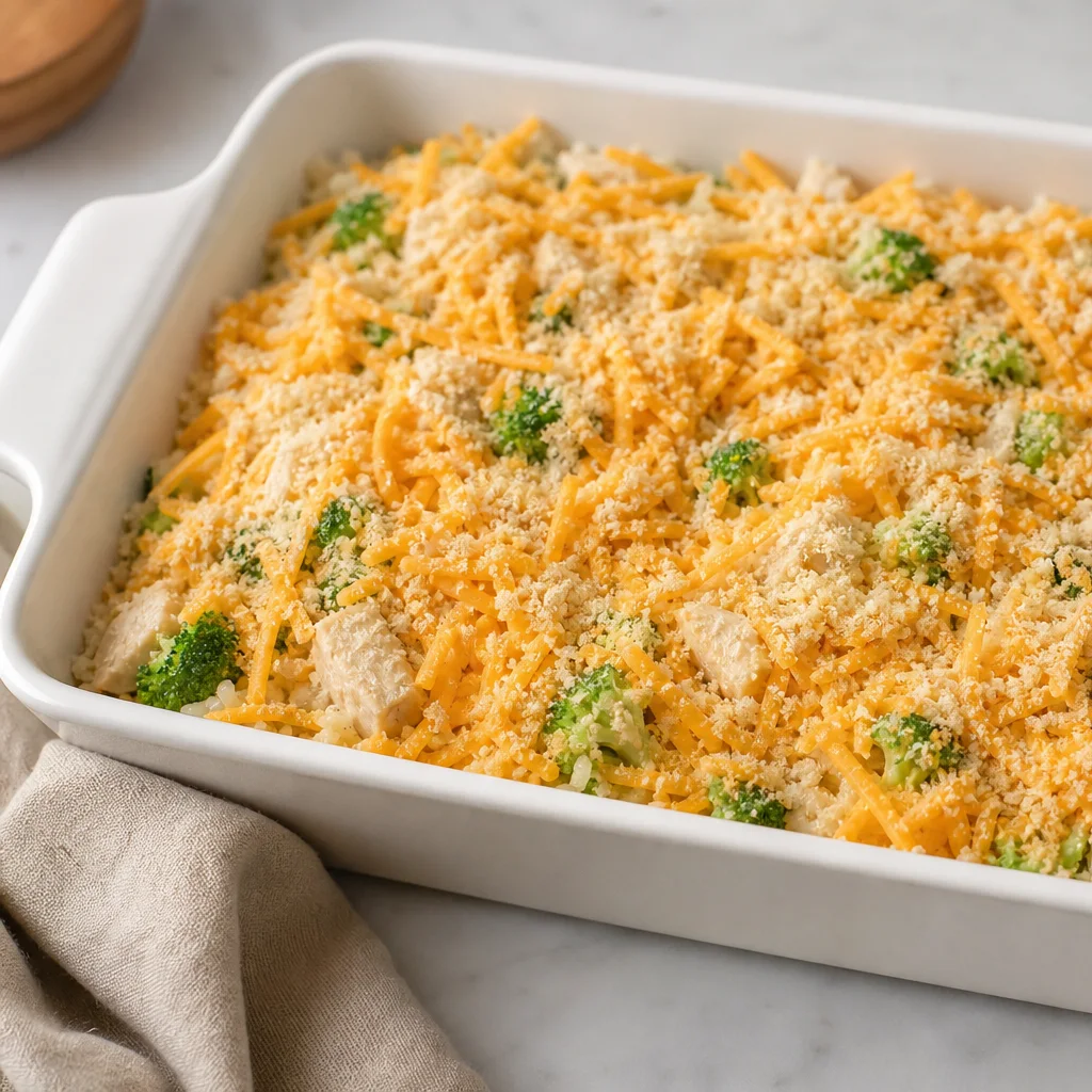 Chicken broccoli rice casserole topped with cheddar and breadcrumbs in a baking dish