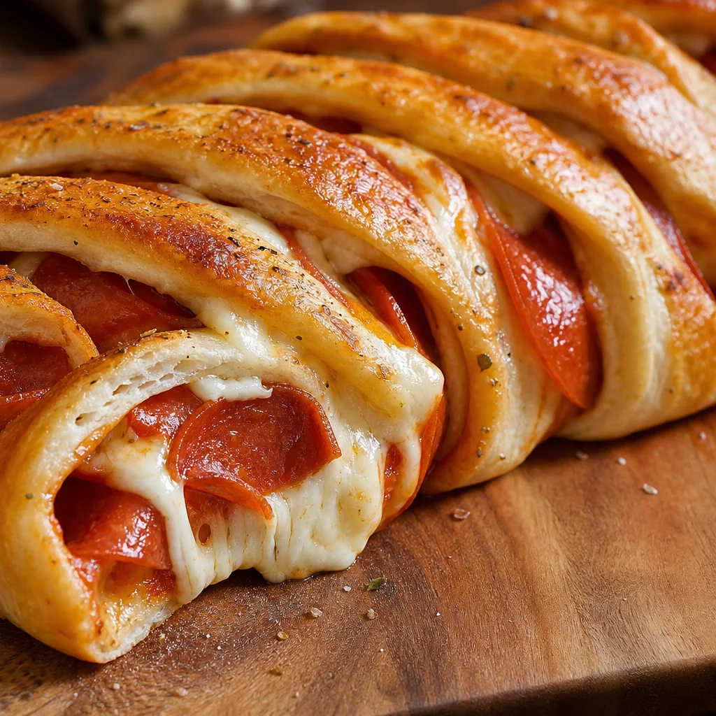 Golden baked pepperoni pizza braid with melted cheese and pepperoni