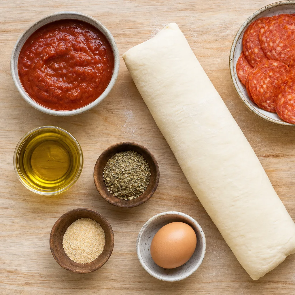 Pepperoni pizza braid ingredients including pizza dough, pepperoni, mozzarella, and pizza sauce