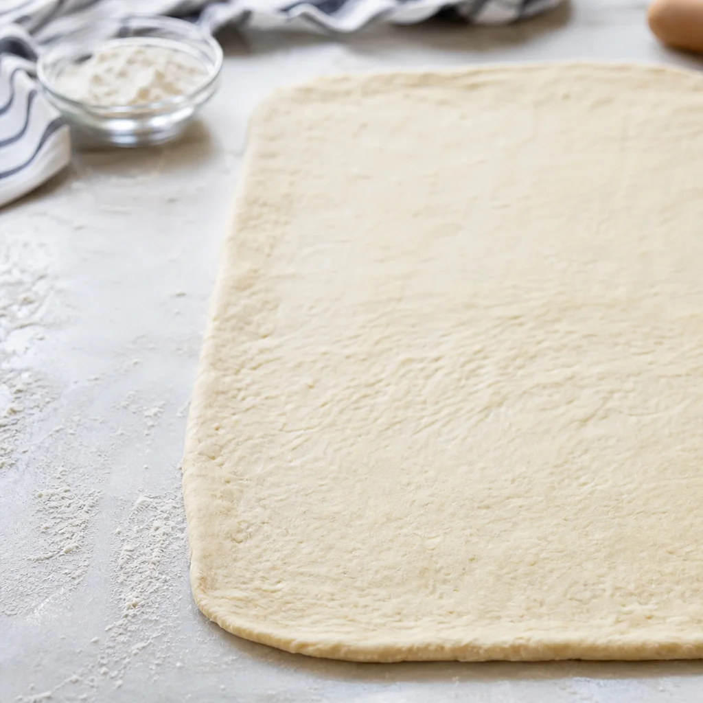 Pizza dough rolled into a rectangle on a floured surface