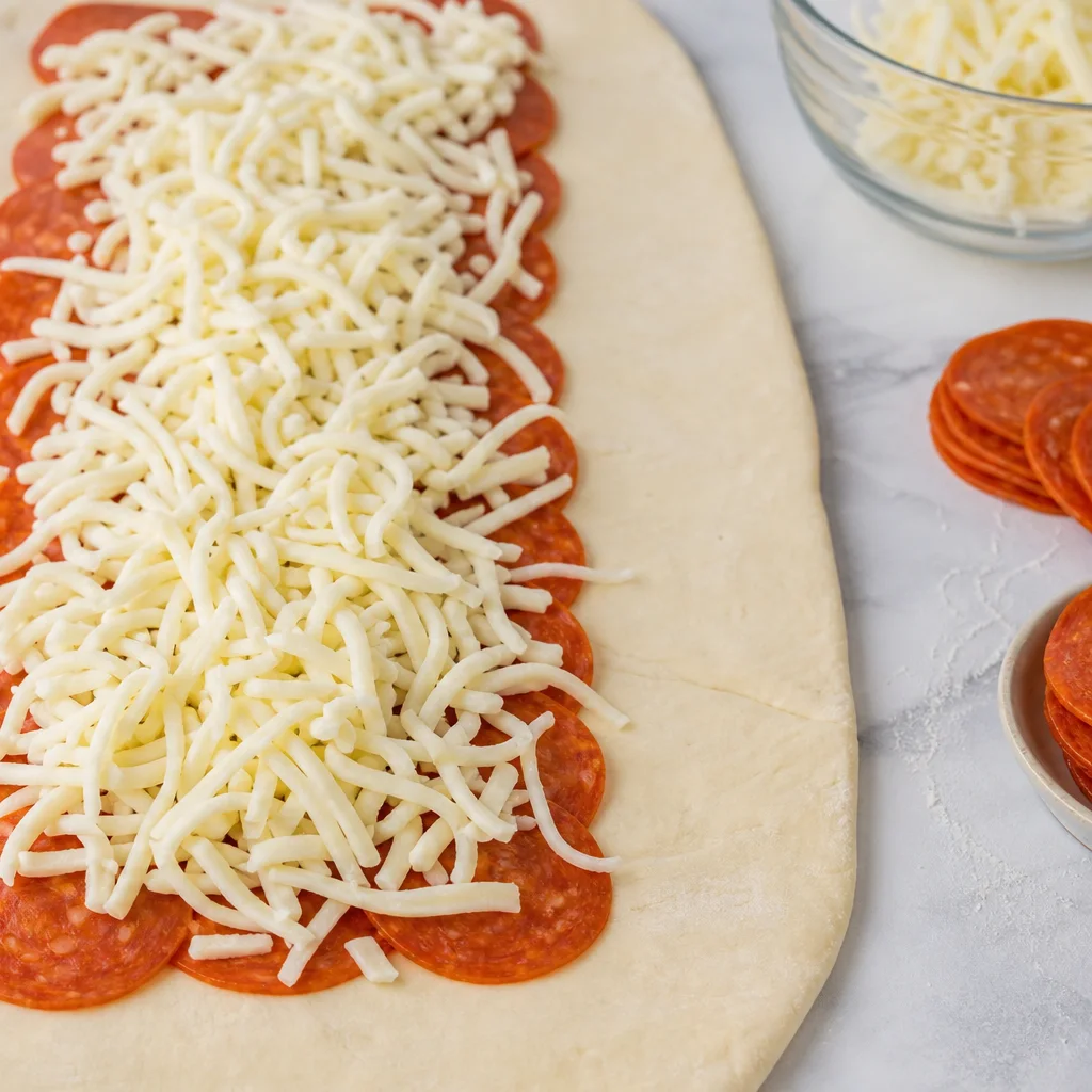 Pepperoni and mozzarella layered on pizza dough before braiding