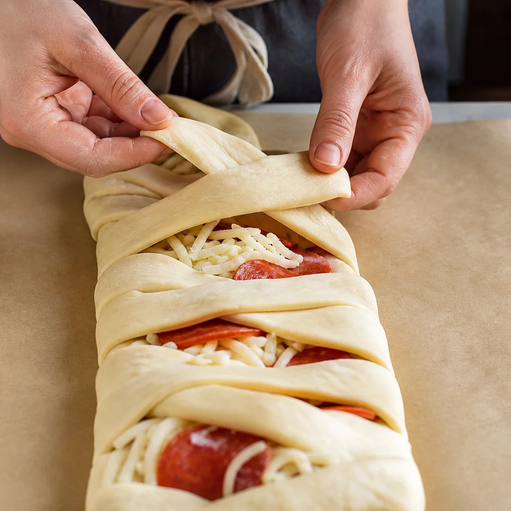Pepperoni pizza braid being folded with alternating dough strips
