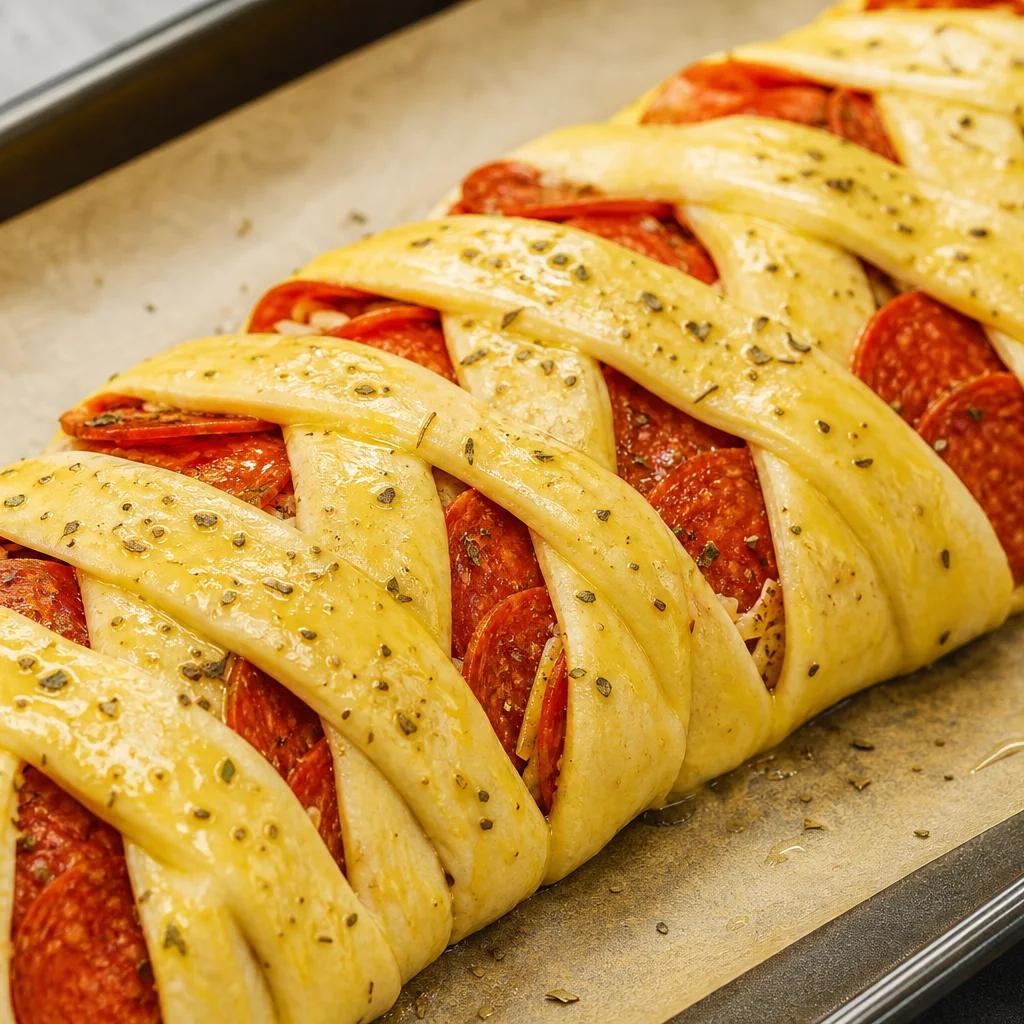 Unbaked pepperoni pizza braid brushed with egg wash on a baking sheet