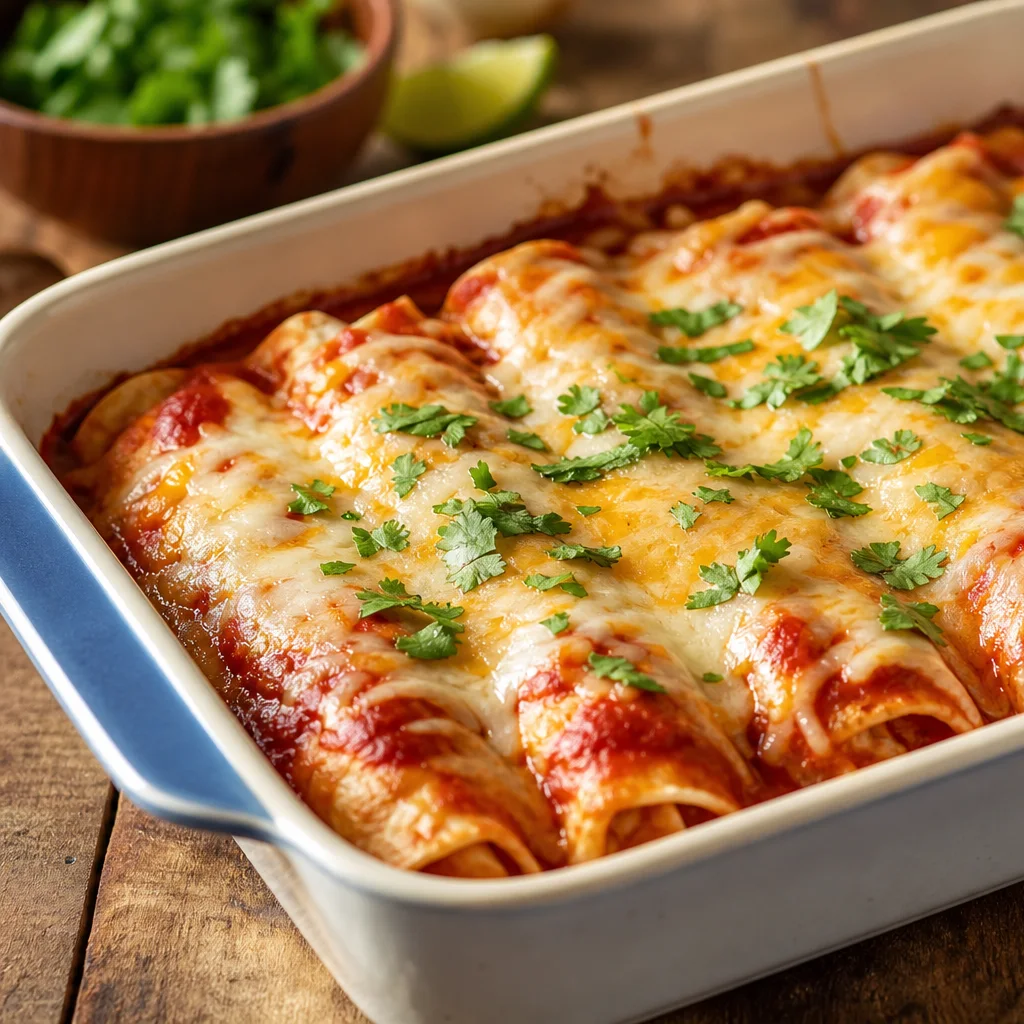 Baked easy chicken enchiladas with melted cheese and red sauce in a baking dish