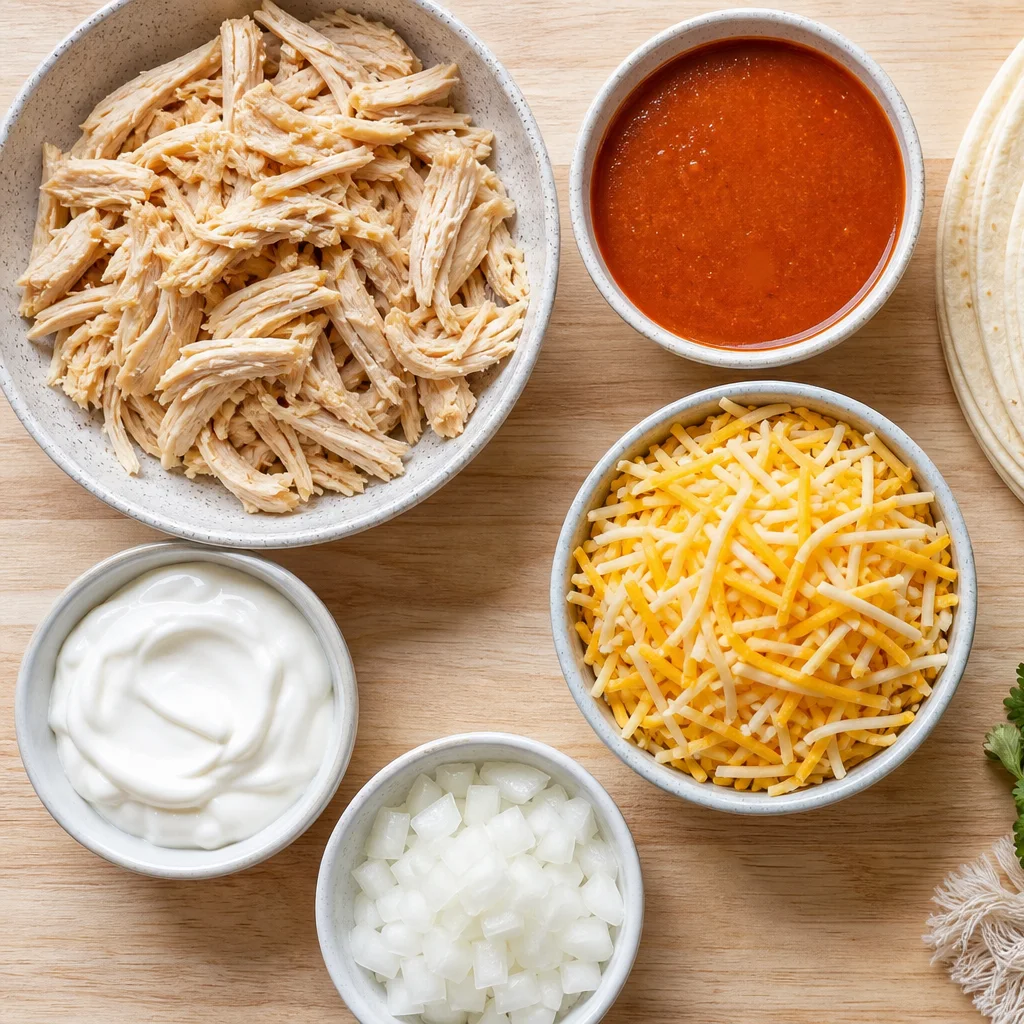Easy chicken enchilada ingredients including shredded chicken, tortillas, enchilada sauce, and cheese