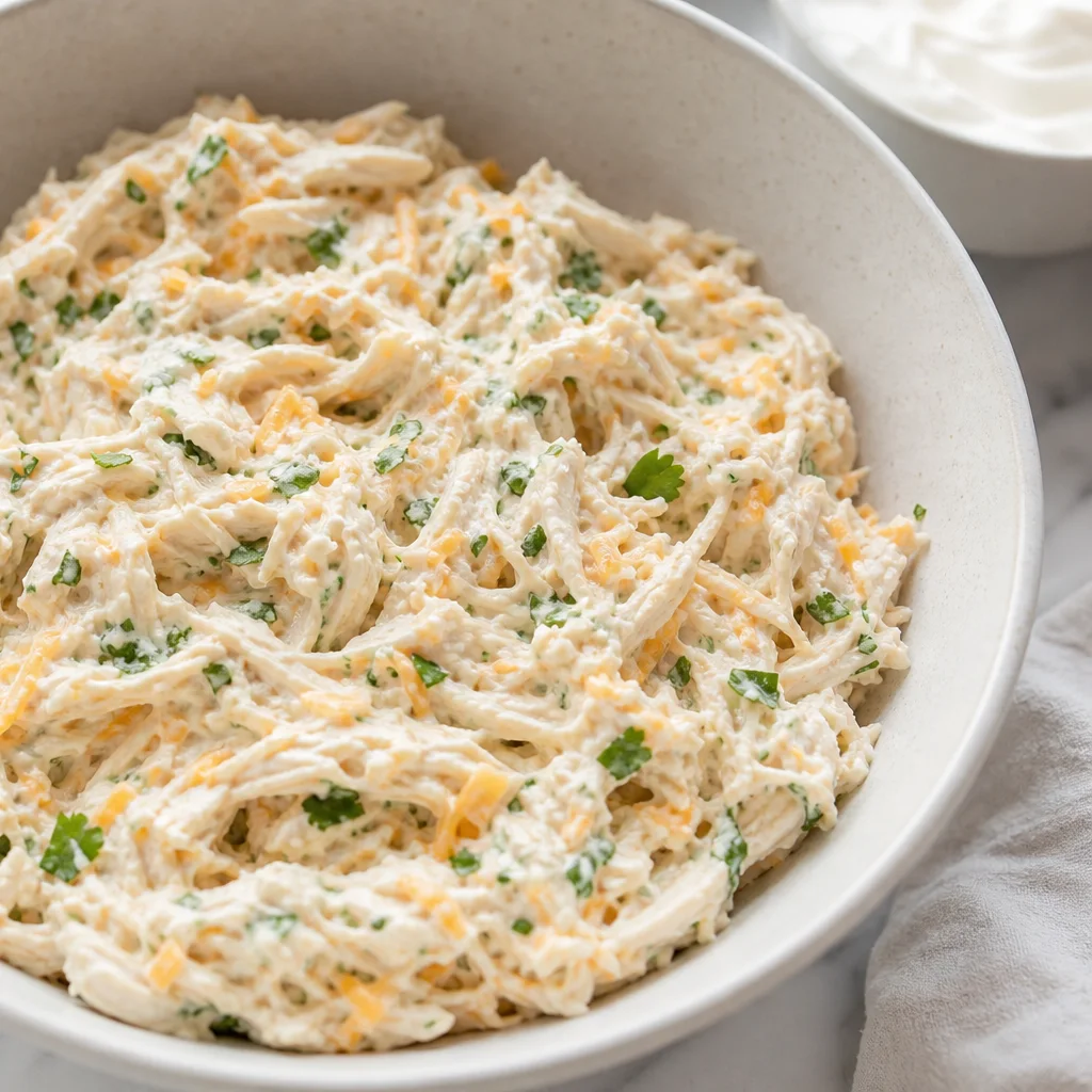 Shredded chicken enchilada filling mixed with cheese sour cream and cilantro