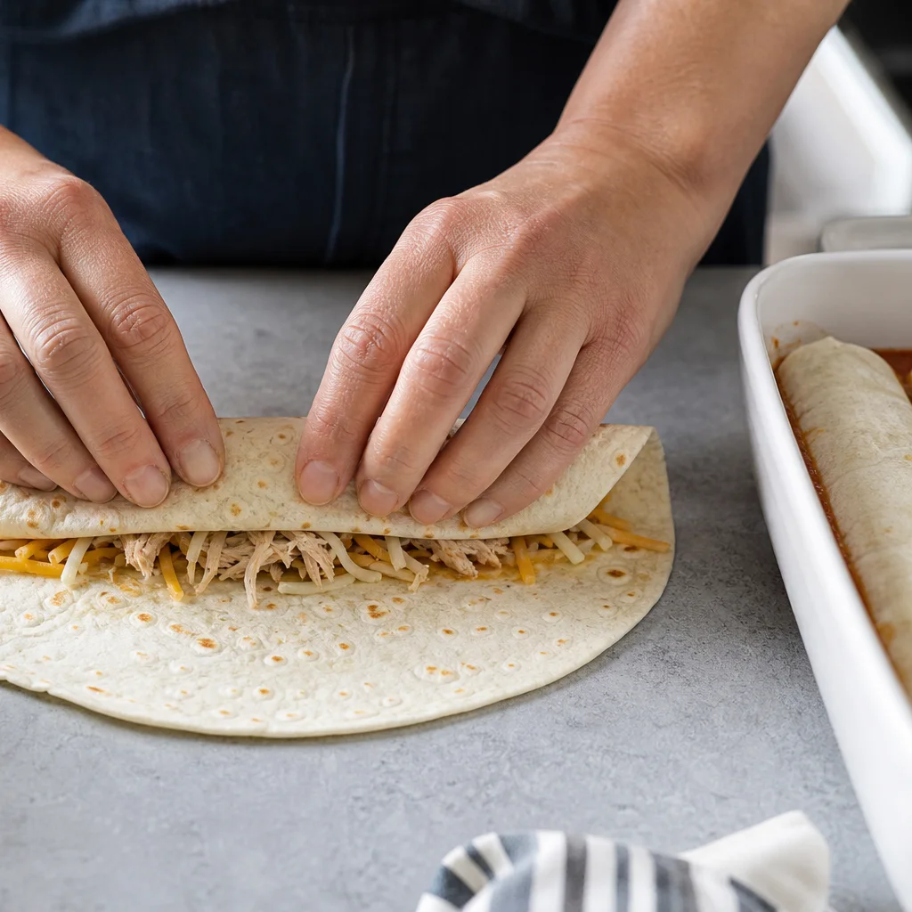 Flour tortilla being rolled with chicken and cheese filling for enchiladas