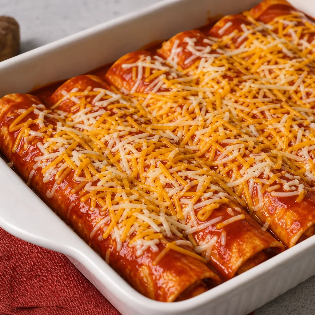 Rolled chicken enchiladas covered with red sauce and shredded cheese in a baking dish