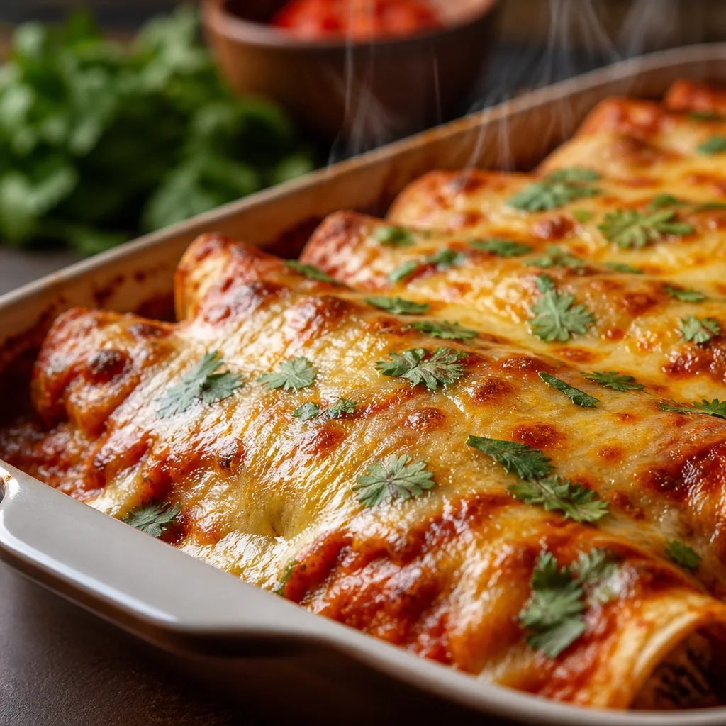 Golden bubbly baked chicken enchiladas with melted cheese and cilantro