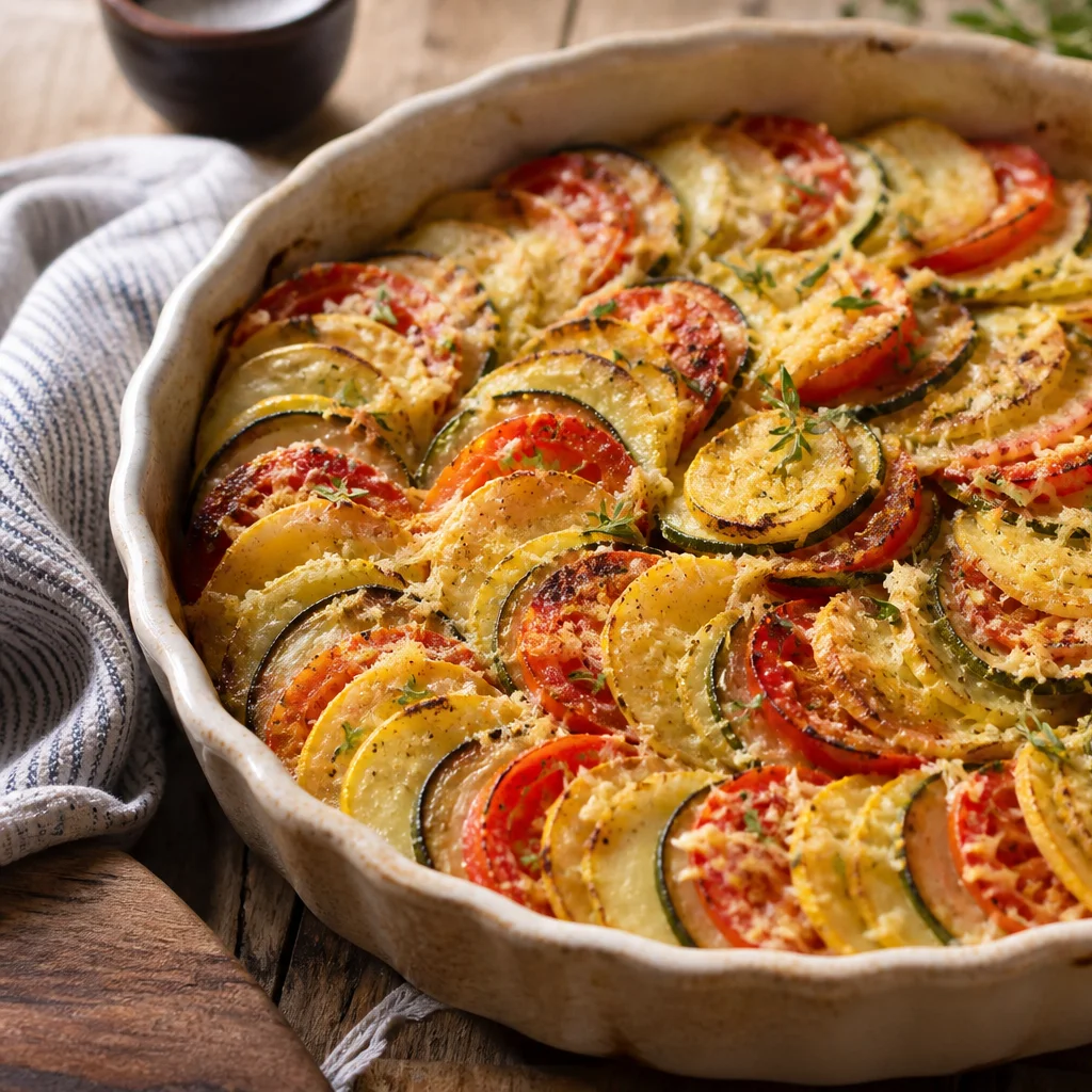 Baked summer vegetable tian with zucchini, squash, potato, tomato, and parmesan