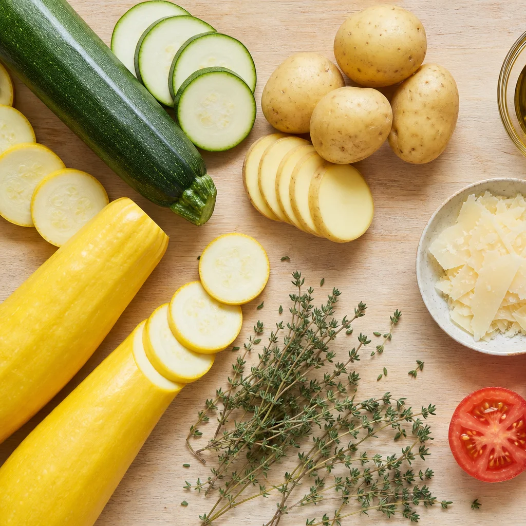 Summer vegetable tian ingredients including zucchini, squash, potatoes, tomatoes, and parmesan