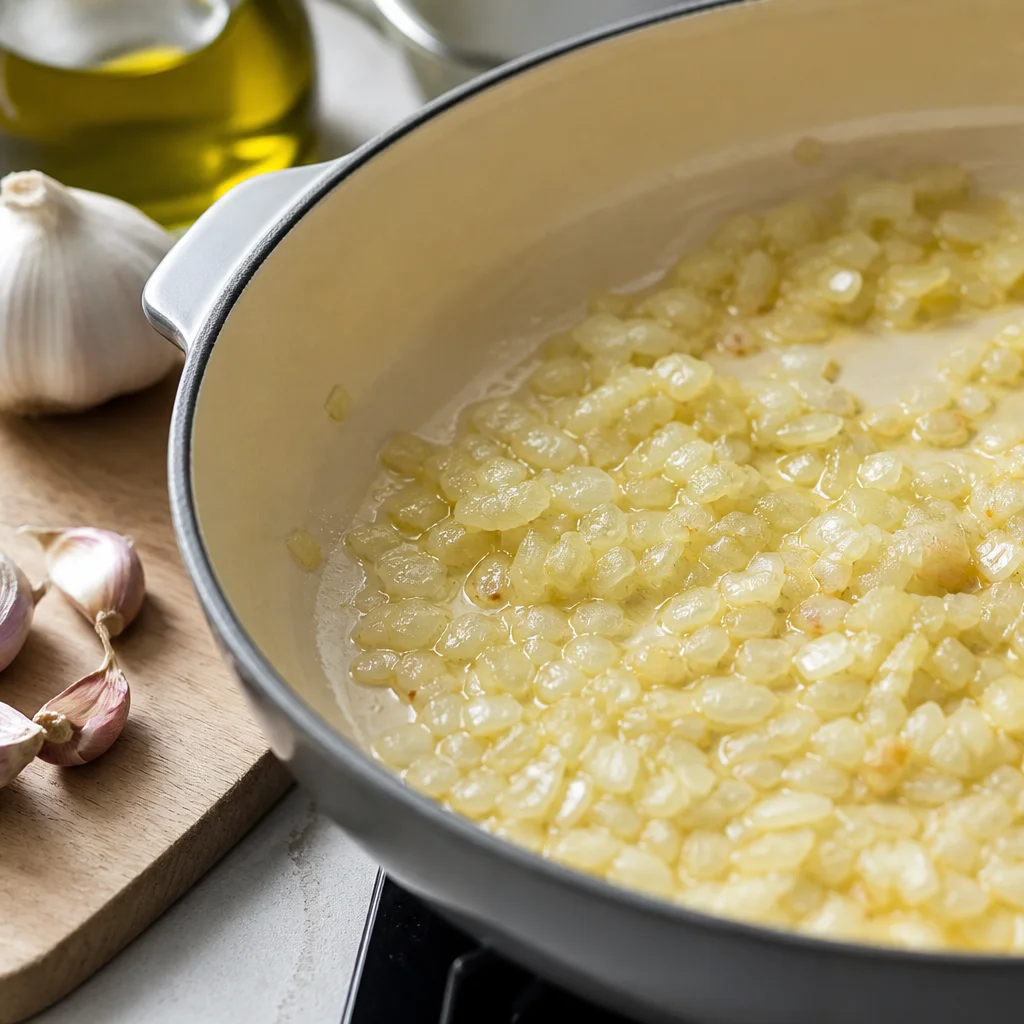 Sautéed onion and garlic in olive oil for vegetable tian base
