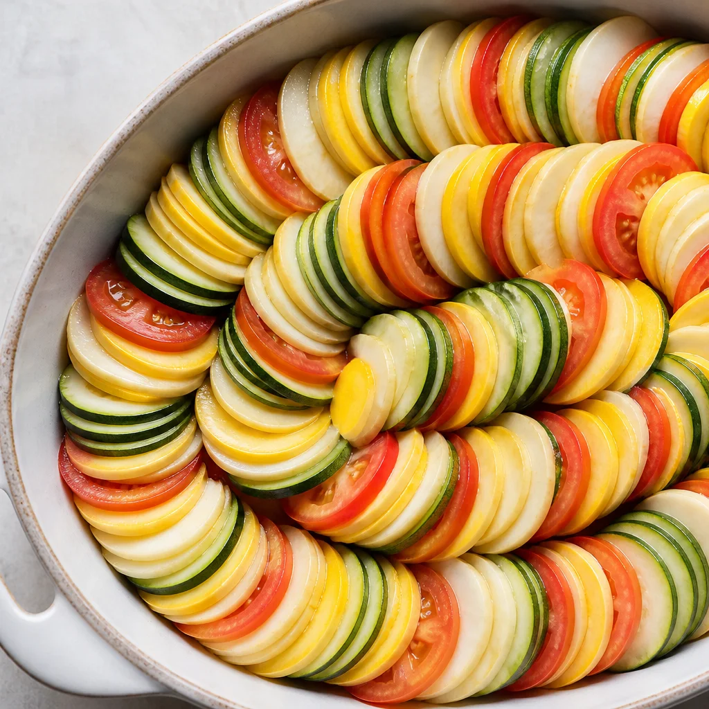 Overlapping sliced vegetables arranged in a baking dish for summer tian