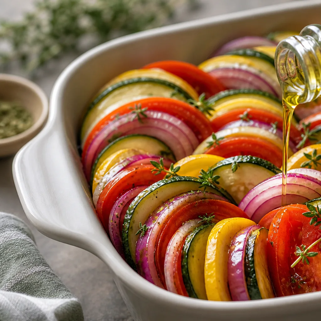 Olive oil and thyme drizzled over layered summer vegetables in a baking dish