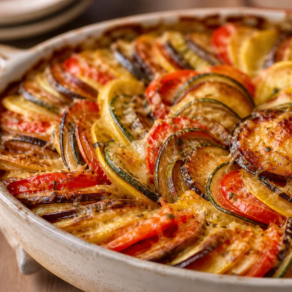 Golden baked summer vegetable tian with parmesan and roasted vegetables