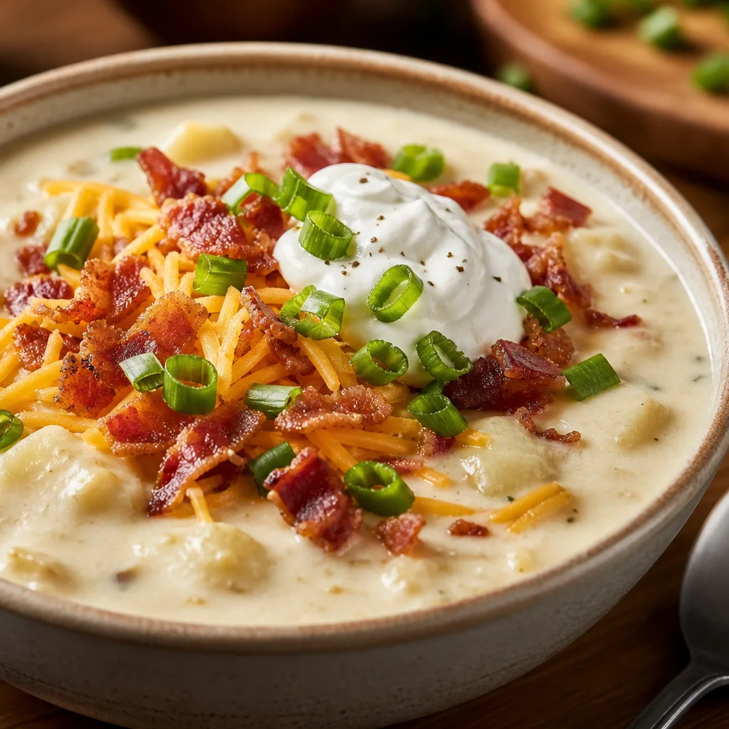 Bowl of loaded baked potato soup topped with cheddar, bacon, sour cream, and green onions