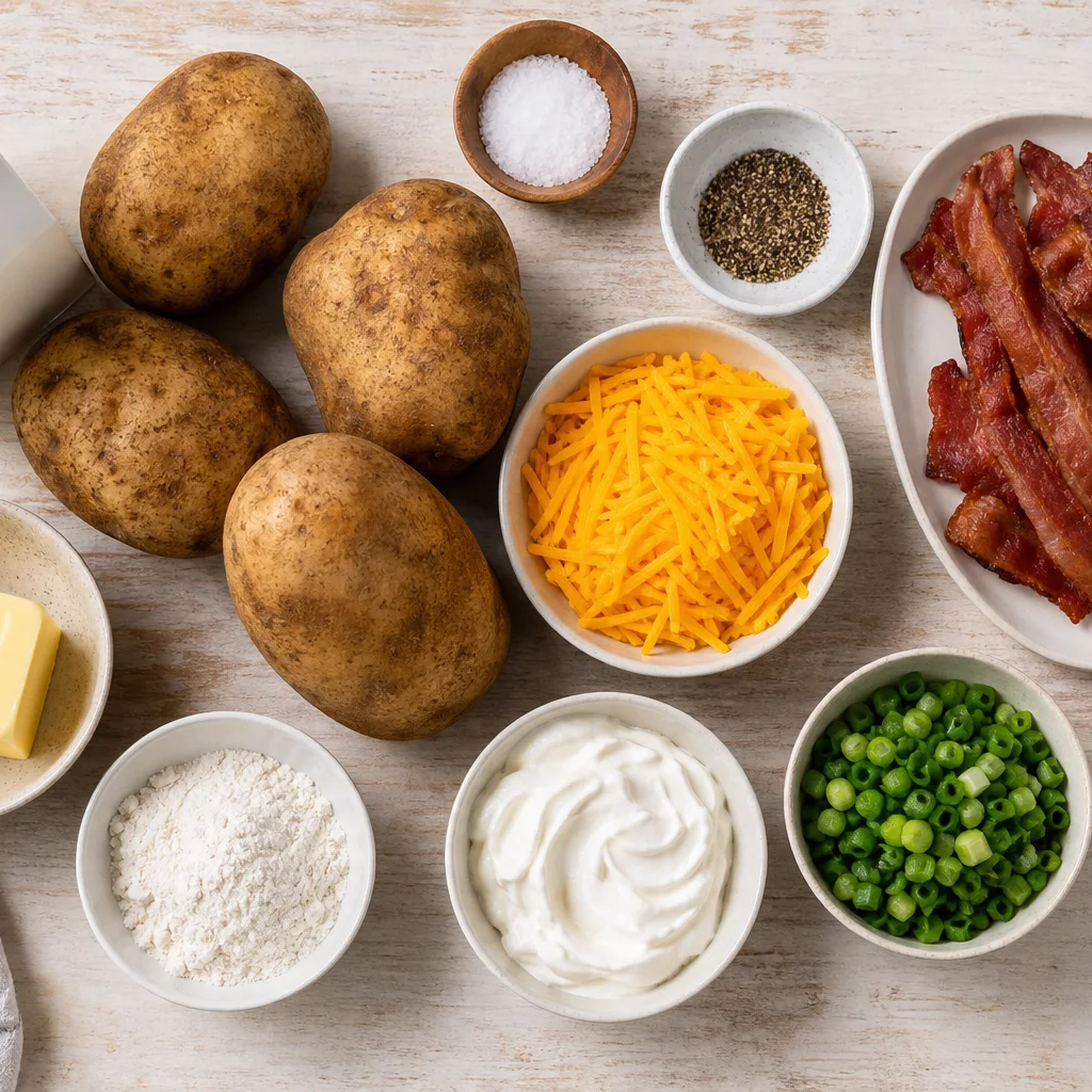 Loaded baked potato soup ingredients including potatoes, bacon, milk, cheddar, and sour cream