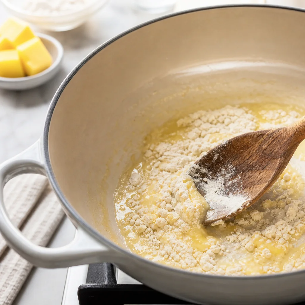 Butter and flour roux cooking in a large soup pot