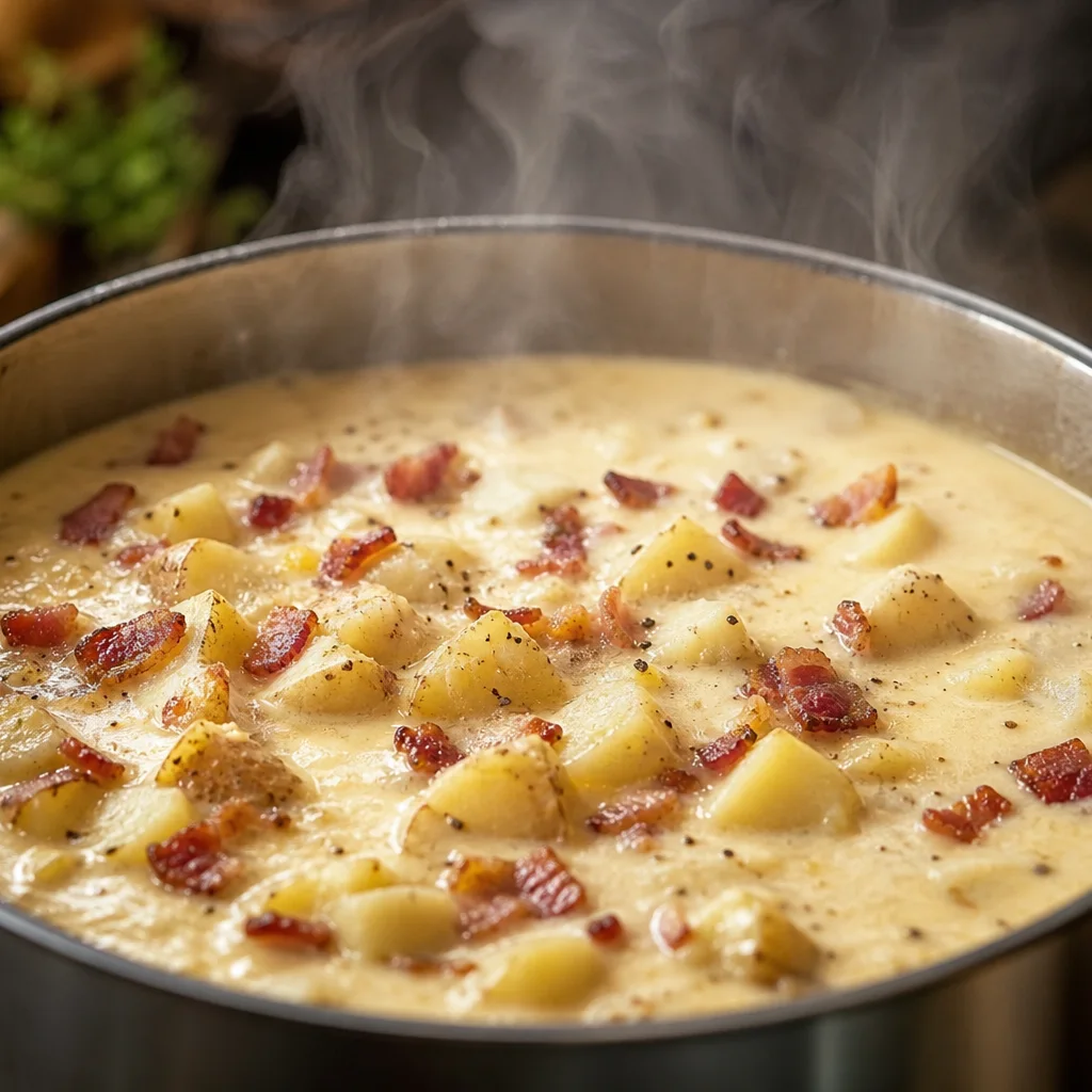 Creamy potato soup simmering with diced potatoes and bacon in a pot