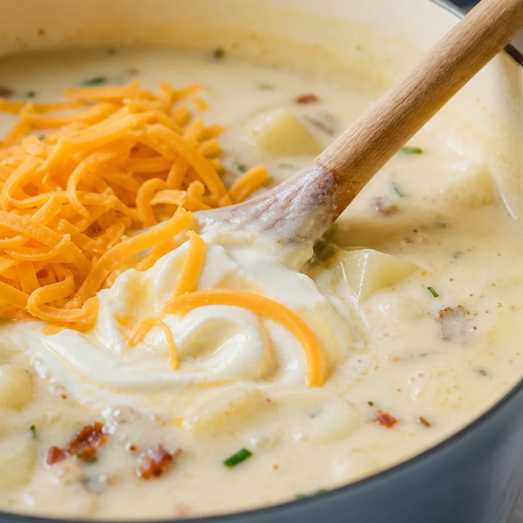 Cheddar cheese and sour cream stirred into creamy potato soup