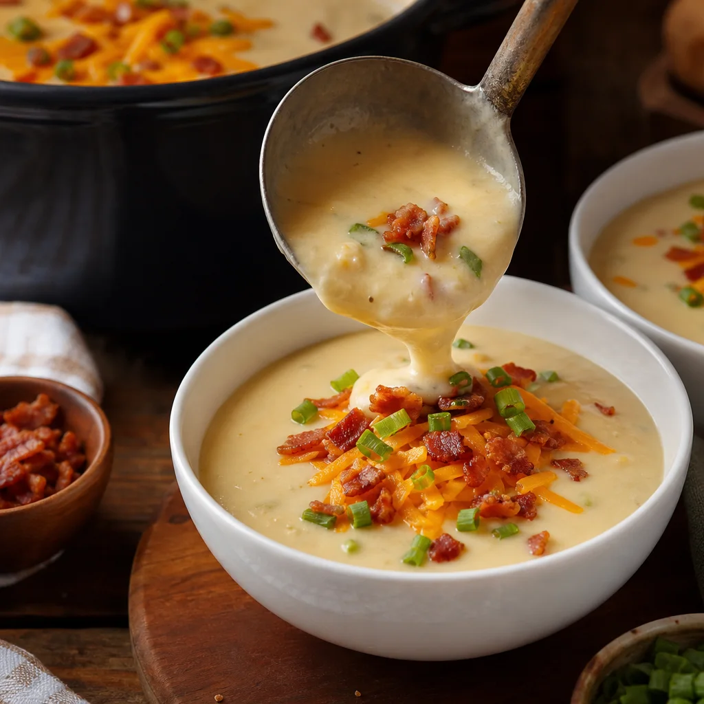 Loaded baked potato soup ladled into bowls with cheese and bacon toppings
