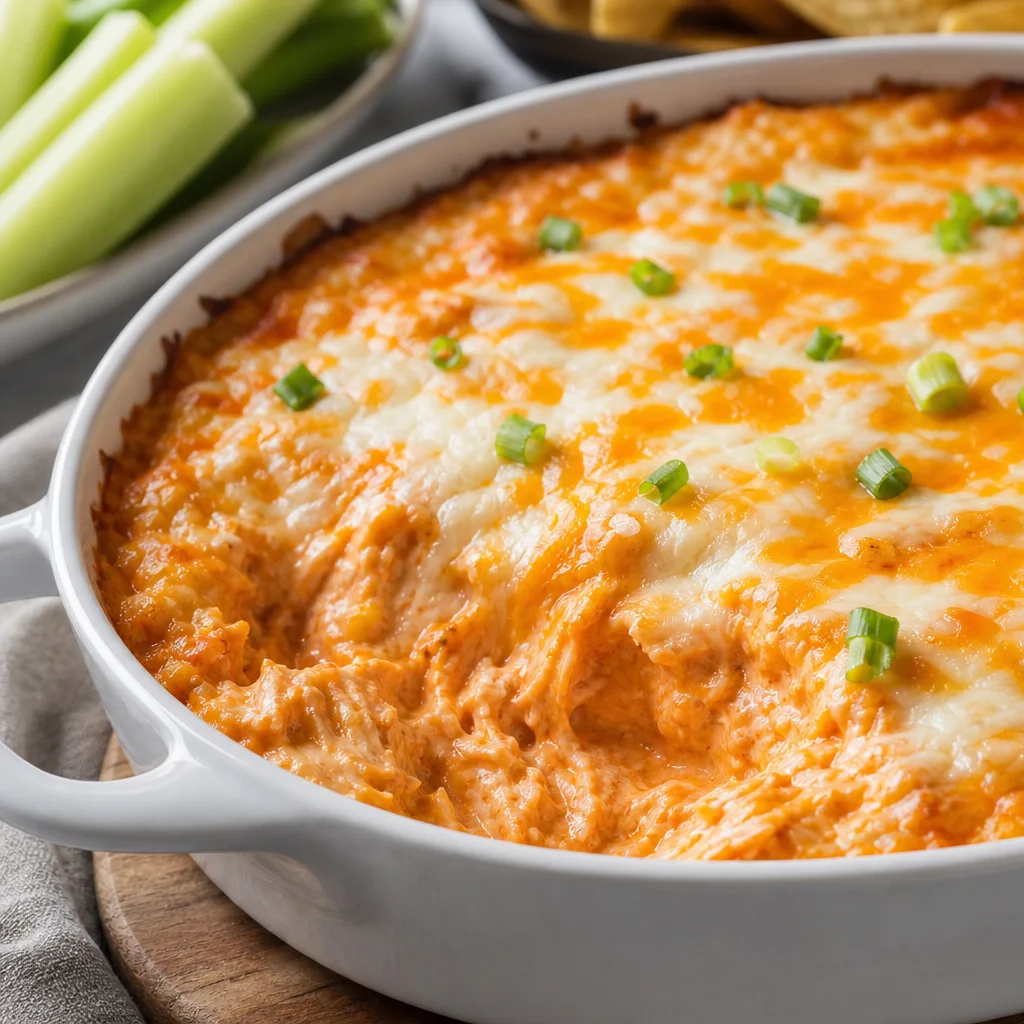 Baked buffalo chicken dip with bubbly melted cheddar and mozzarella in a baking dish