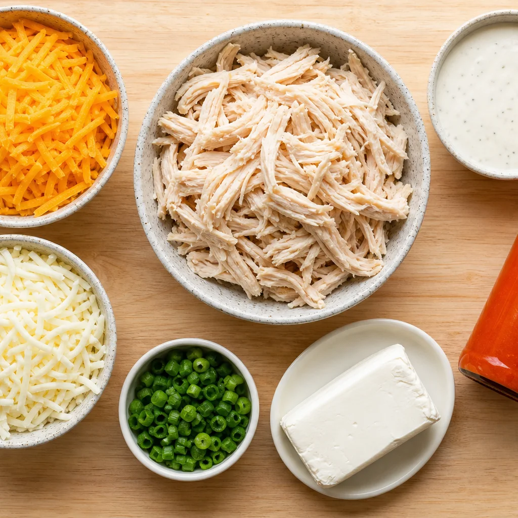 Buffalo chicken dip ingredients including shredded chicken, cream cheese, buffalo sauce, and cheese