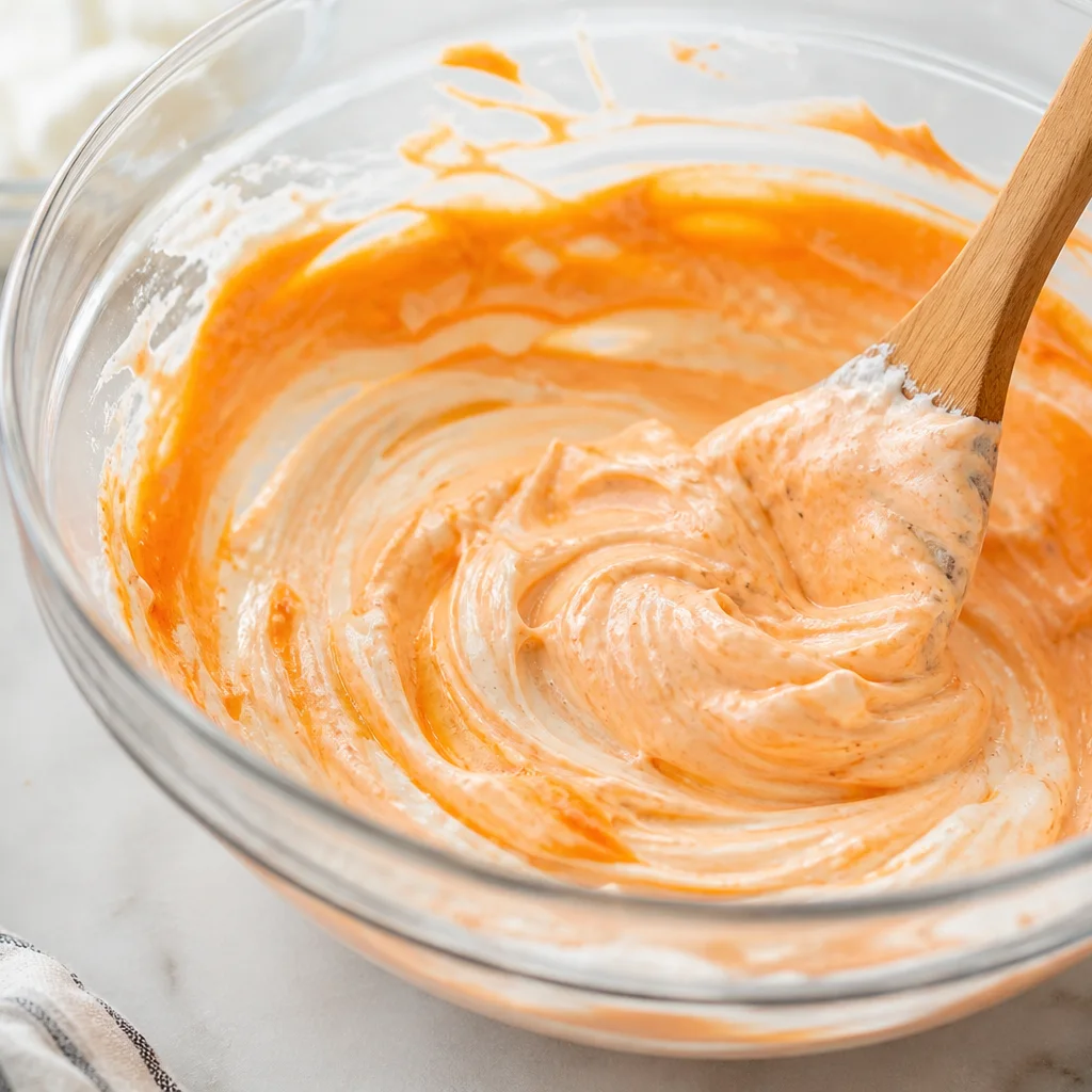Cream cheese, buffalo sauce, and ranch dressing mixed until smooth in a bowl