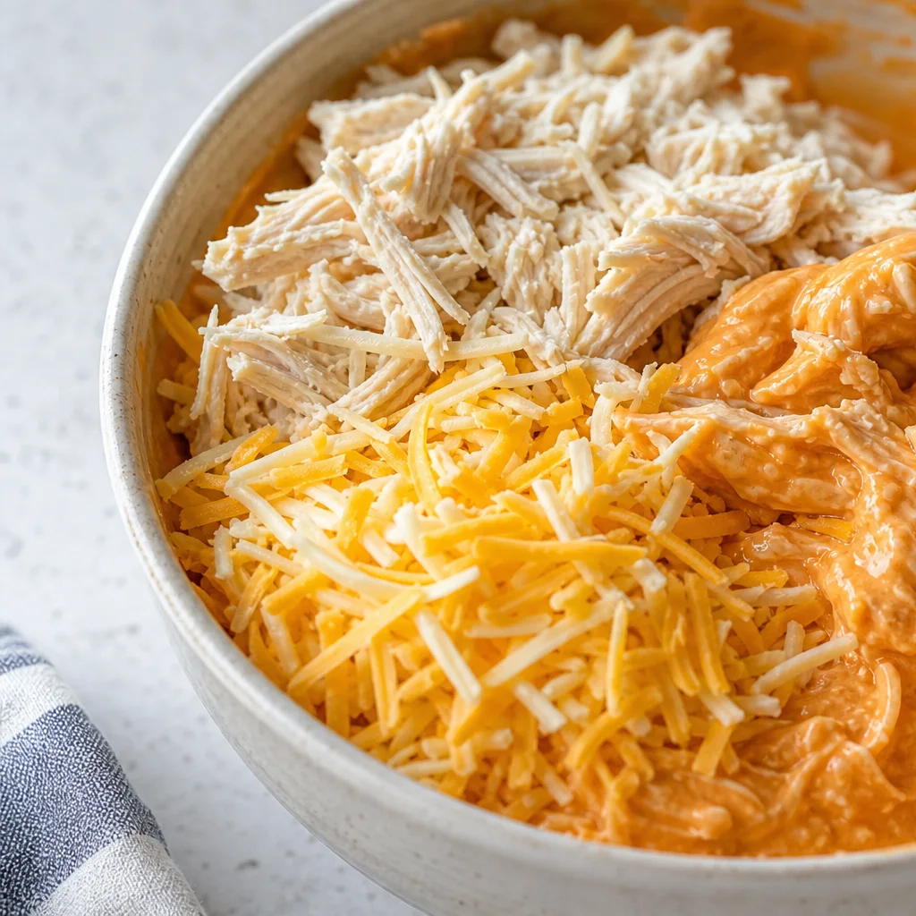 Shredded chicken and cheese folded into creamy buffalo sauce mixture