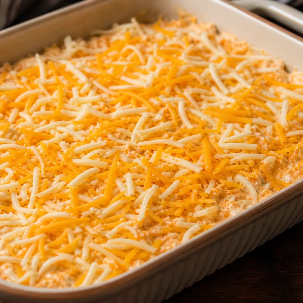 Buffalo chicken dip in a baking dish topped with shredded cheese before baking