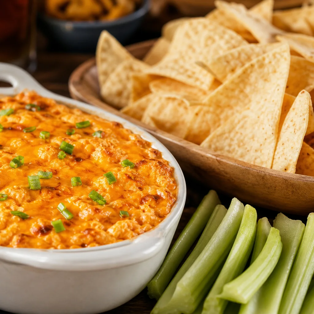 Buffalo chicken dip served with tortilla chips and celery sticks