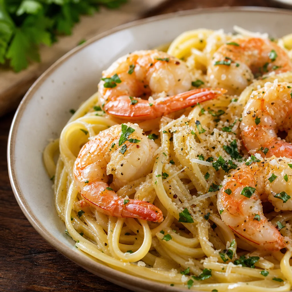 Garlic butter shrimp pasta with linguine, parmesan, and fresh parsley on a plate