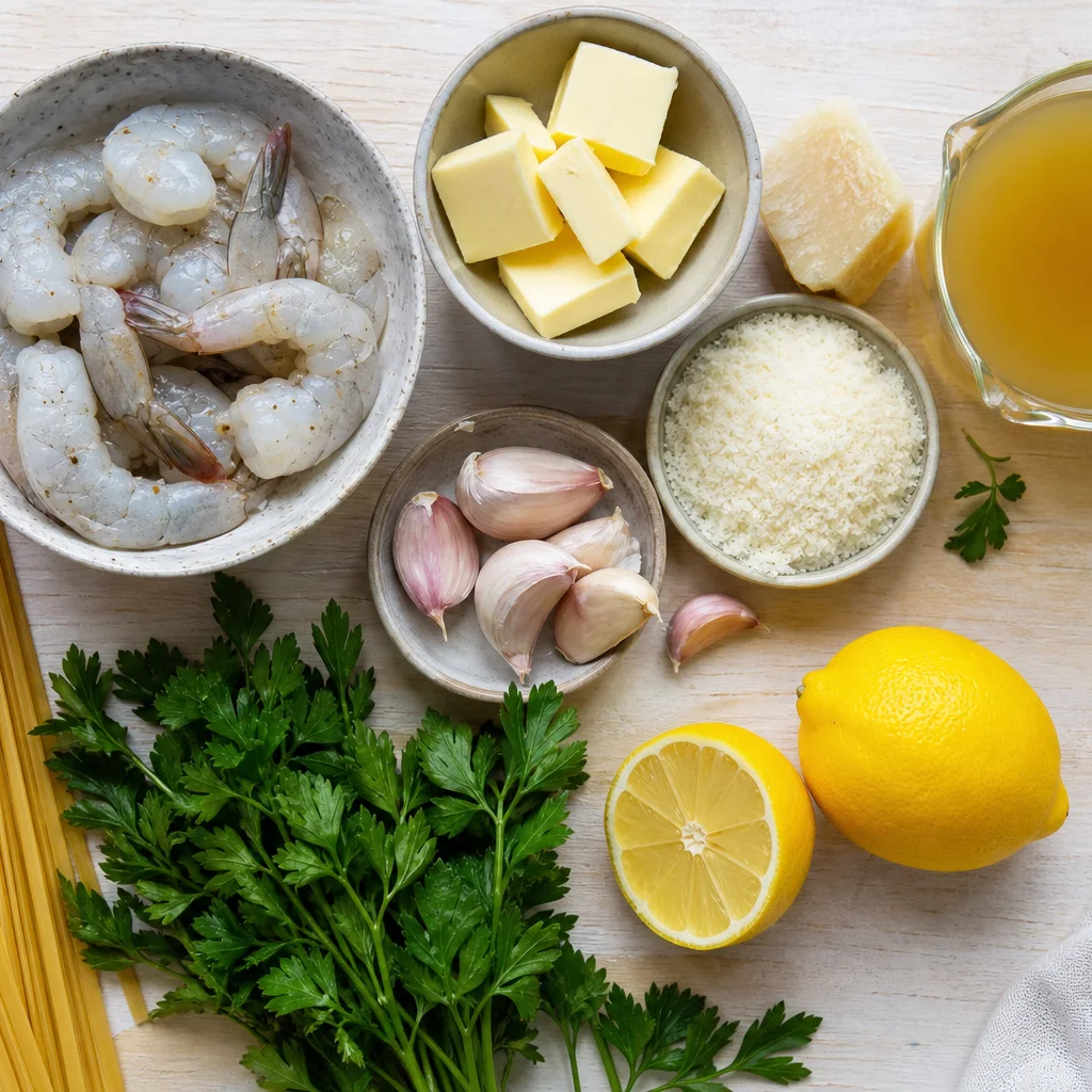 Garlic butter shrimp pasta ingredients including shrimp, pasta, butter, garlic, and lemon