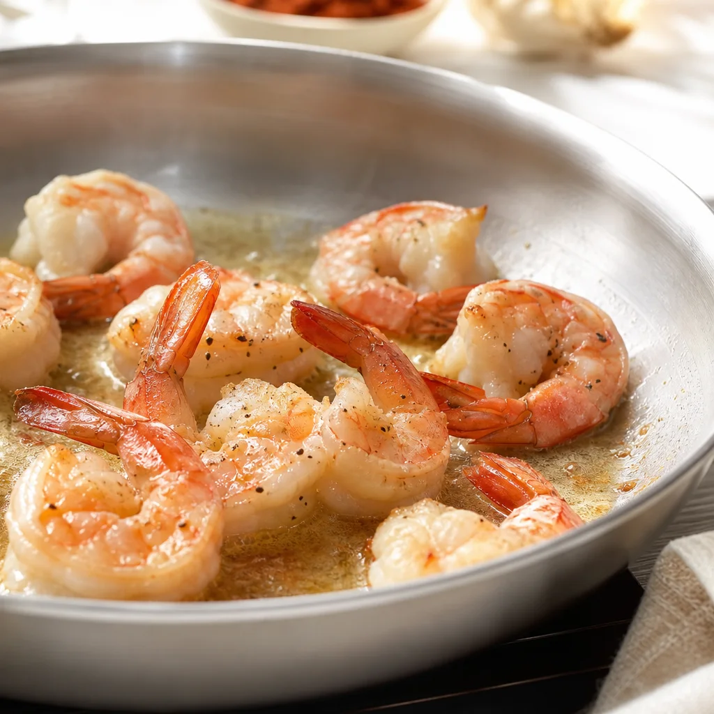 Shrimp cooking in butter in a skillet until pink