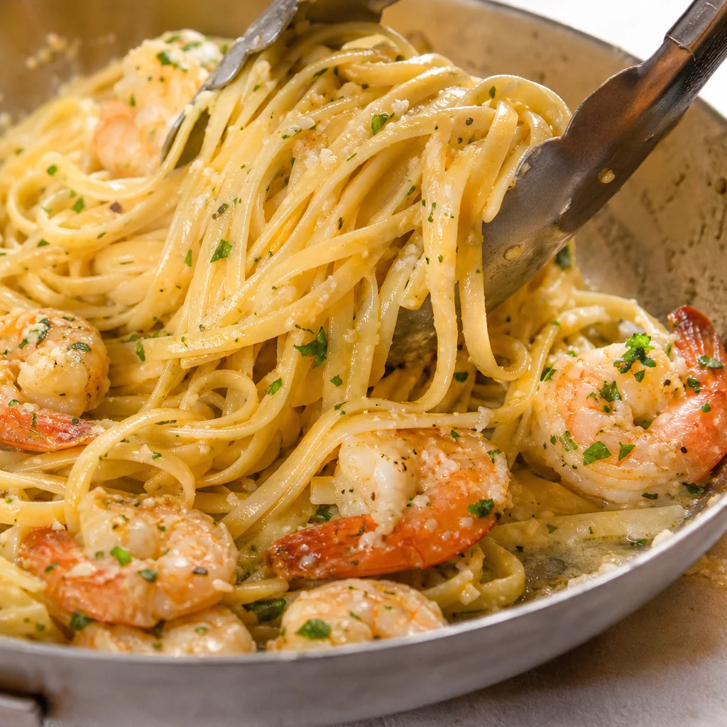 Linguine pasta and shrimp tossed in garlic butter parmesan sauce